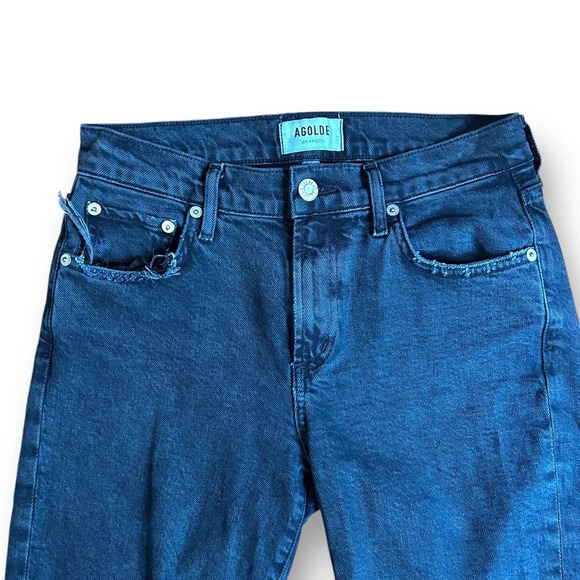 Agolde Toni Mid Rise Straight Jeans black distressed denim raw hem size 24 - Picture 5 of 11